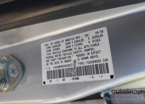 2006 Honda Accord Sdn Ex-L V6 from USA, damaged, VIN 1HGCM66526A062785